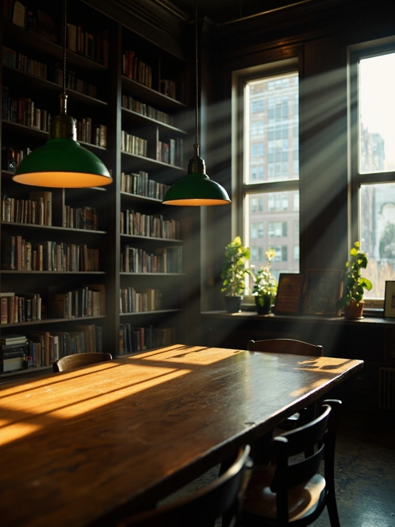 Quiet reading room of a research library with wooden tables